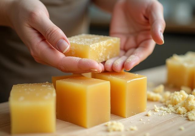 Hands gently handling blocks of raw soap ingredients.