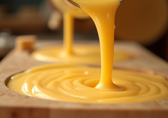 Close-up of soap batter being poured into a mold during the making process.